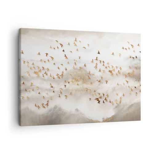 Canvastavla - Bild på duk - Gyllene fåglar mot de dimmiga bergen - 70x50cm - Det är dags... - Modern väggdekoration för vardagsrum och sovrum ARTTOR