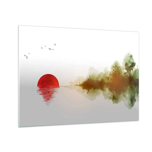Glastavla - Bild på glas - Röd sol över vattnet och skogskonturerna - 70x50cm - Ett löfte om lugn - Modern väggdekoration för vardagsrum och sovrum ARTTOR