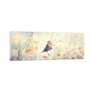 Glastavla - Bild på glas - Fågelporträtt med en äng i bakgrunden - 90x30 cm