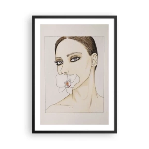 Affisch i svart ram - Porträtt av en kvinna med en orkidé på läpparna - 50x70cm - Elegansens och skönhetens symbol - Modern väggdekoration för vardagsrum och sovrum ARTTOR