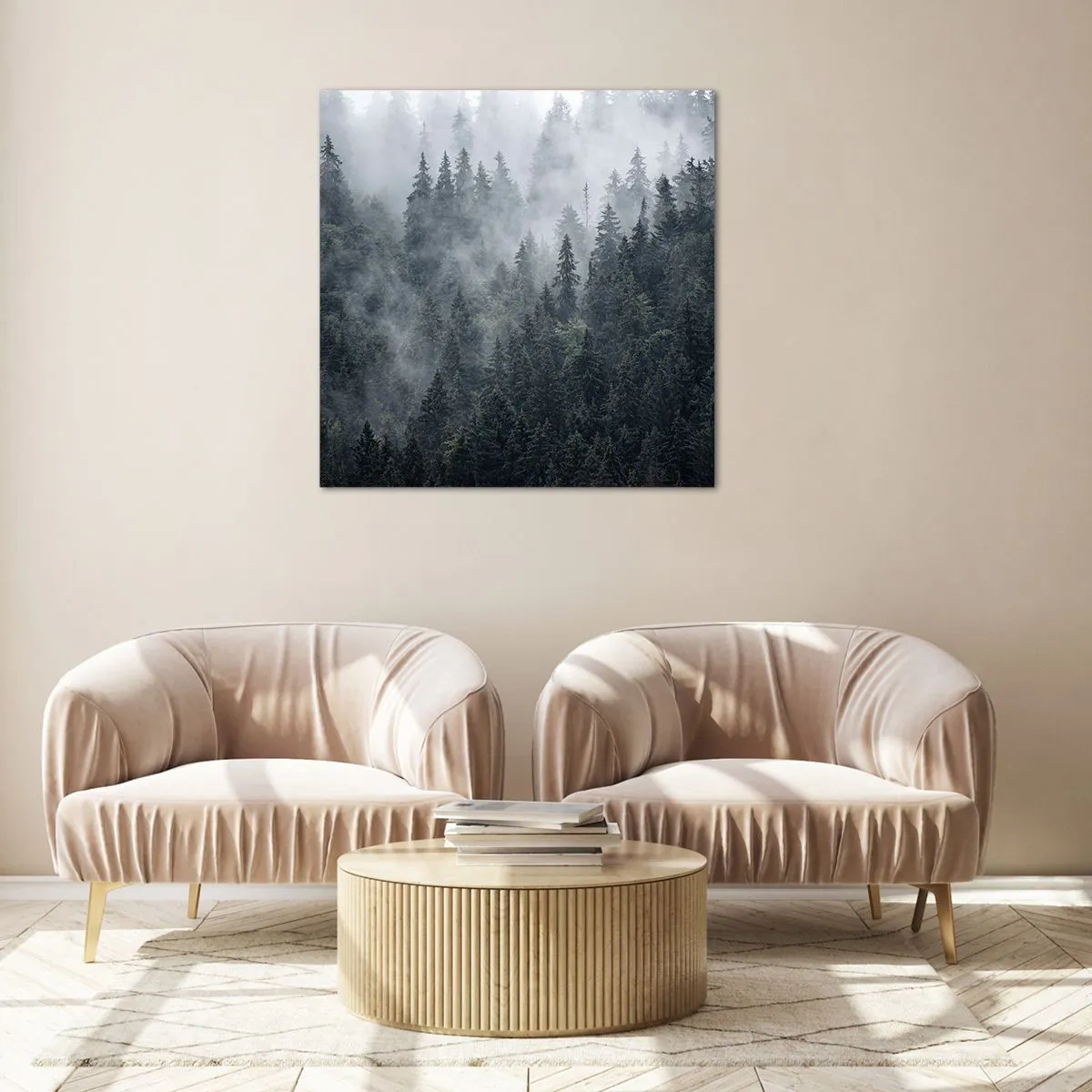 Glastavla - Bild på glas - Gryning i skogen - 30x30 cm