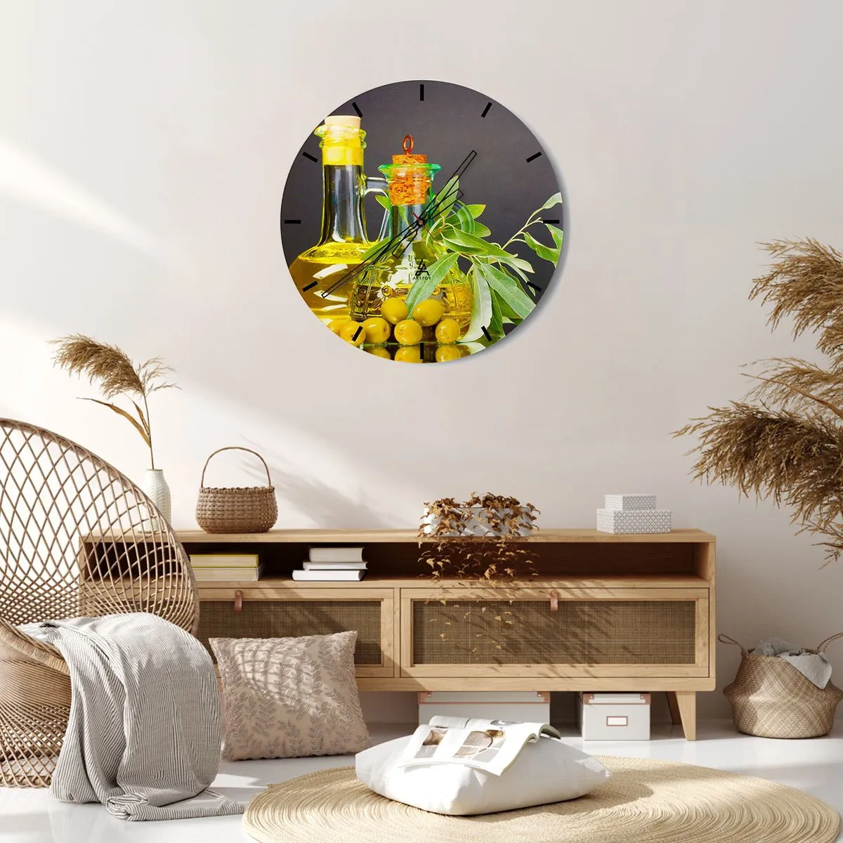 Väggklocka - Klocka på glas - Stilleben med oliver och olivolja - 40x40 cm