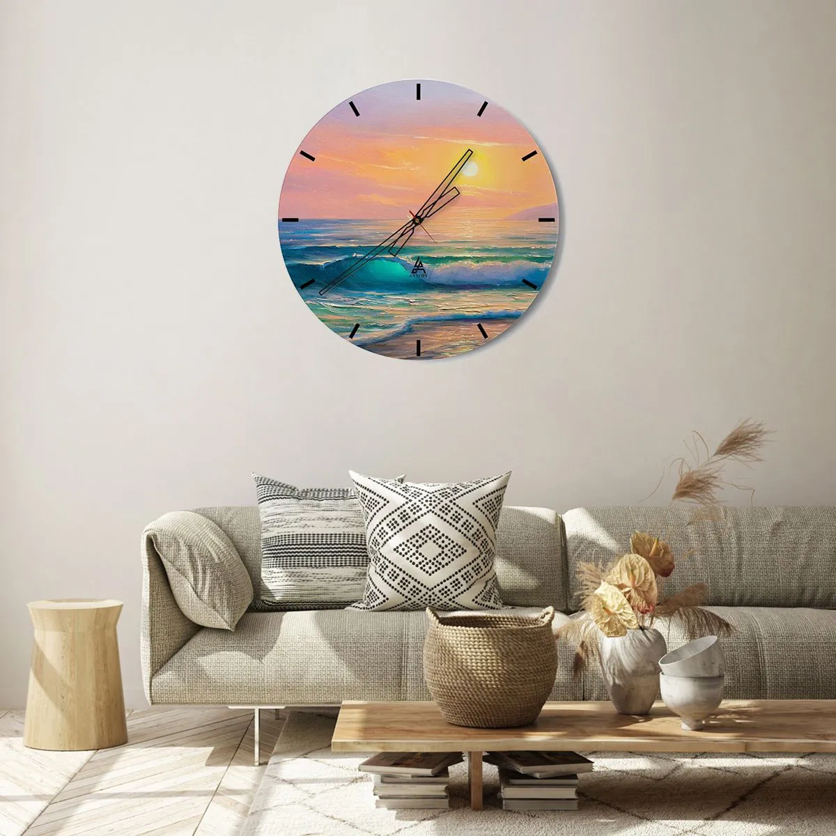 Väggklocka - Klocka på glas - En pittoresk solnedgång över ett lugnt hav - 30x30cm - Vågvisa i turkos - Modern väggdekoration för vardagsrum, kök och sovrum ARTTOR