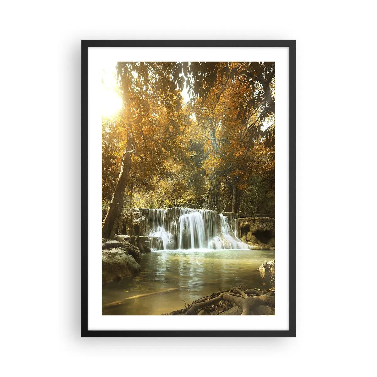 Affisch i svart ram - Höstvattenfall i solljuset - 50x70cm - Parkkaskad - Modern väggdekoration för vardagsrum och sovrum ARTTOR