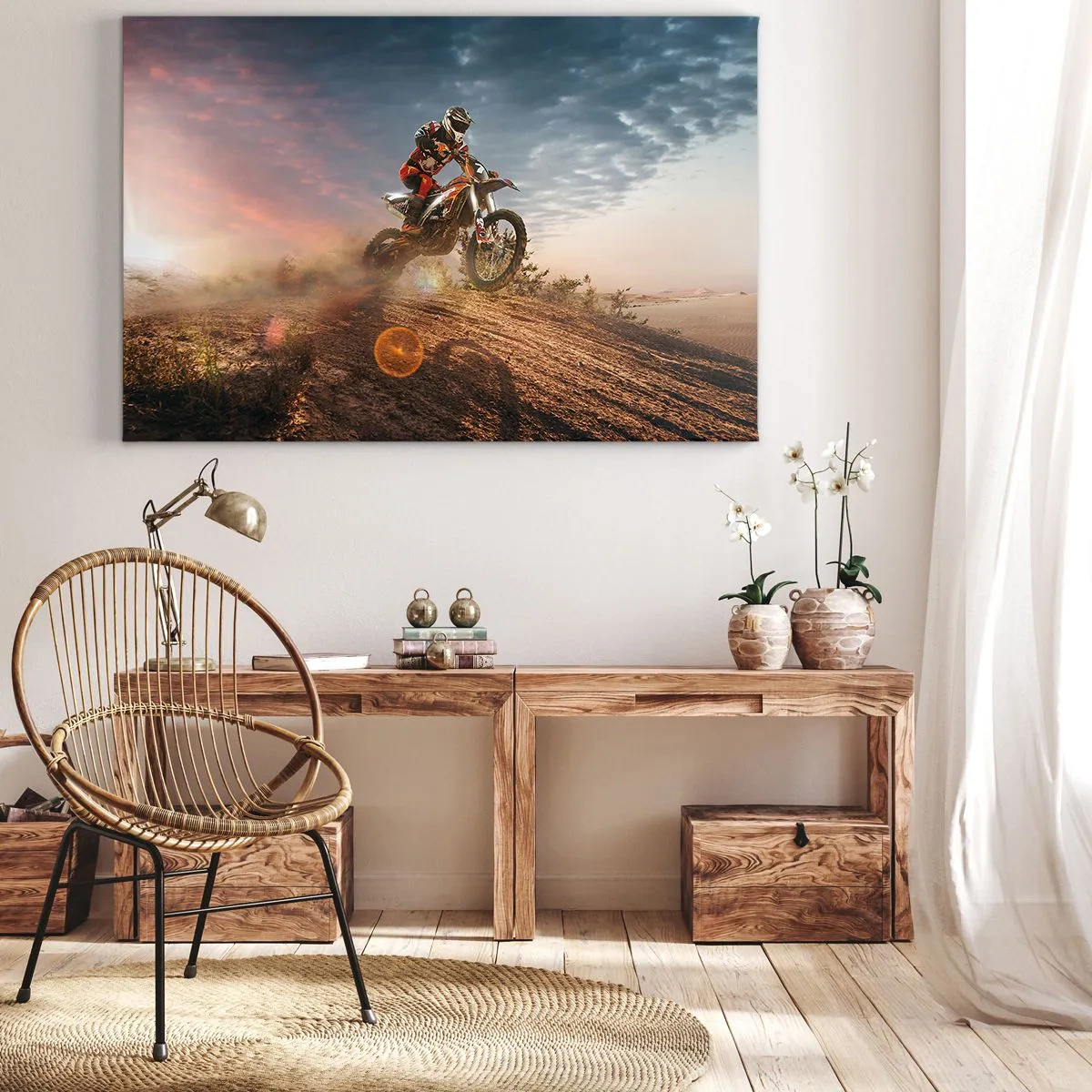 Canvastavla - Bild på duk - Motorcyklist i sanddynerna vid solnedgången - 70x50cm - För segern - Modern väggdekoration för vardagsrum och sovrum ARTTOR