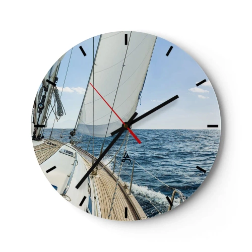 Väggklocka - Klocka på glas - Däcket på en segelbåt på öppet hav på en solig dag - 30x30cm - Heja äventyret - Modern väggdekoration för vardagsrum, kök och sovrum ARTTOR