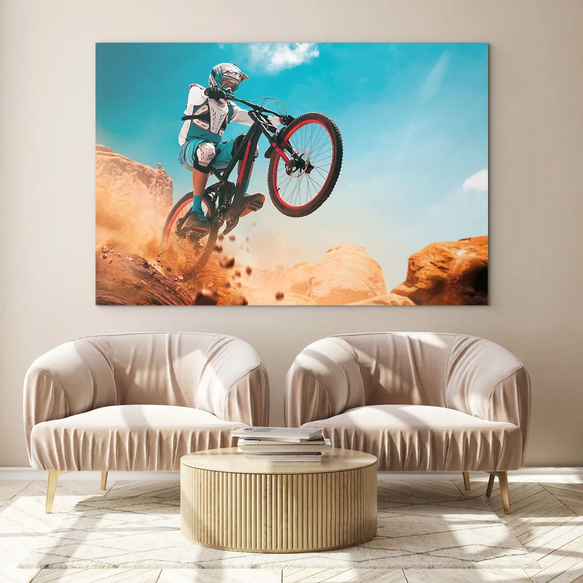 Glastavla - Bild på glas - Dynamisk scen av en cyklist i aktion på stenig terräng - 70x50cm - Cykelgalning - Modern väggdekoration för vardagsrum och sovrum ARTTOR