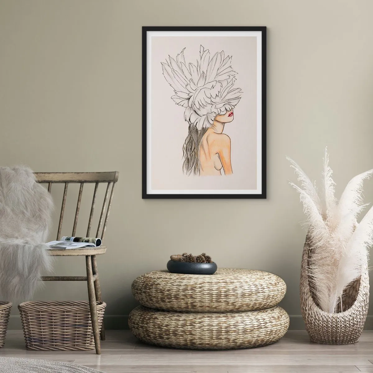 Affisch i svart ram - Porträtt av en kvinna med fjäderhatt i konstnärlig stil - 50x70cm - Krönt skönhet - Modern väggdekoration för vardagsrum och sovrum ARTTOR