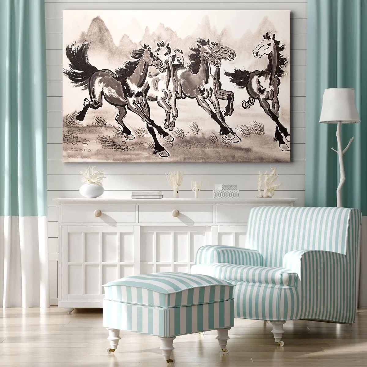 Canvastavla - Bild på duk - Dynamisk grafik av galopperande hästar i orientalisk stil - 70x50cm - Glad galopp - Modern väggdekoration för vardagsrum och sovrum ARTTOR