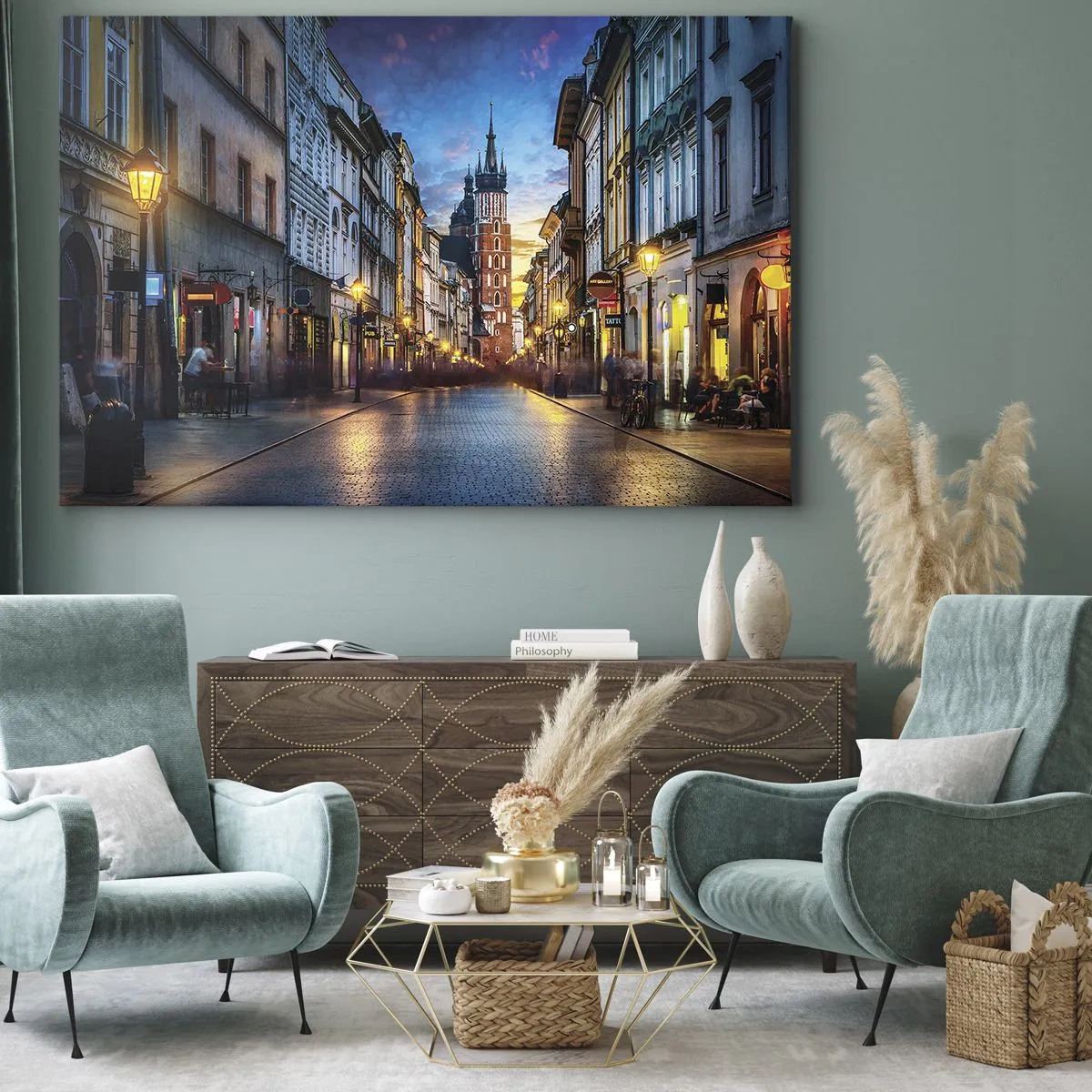 Canvastavla - Bild på duk - Kvällsgata med utsikt över Krakows katedral - 70x50cm - Krakows charm - Modern väggdekoration för vardagsrum och sovrum ARTTOR