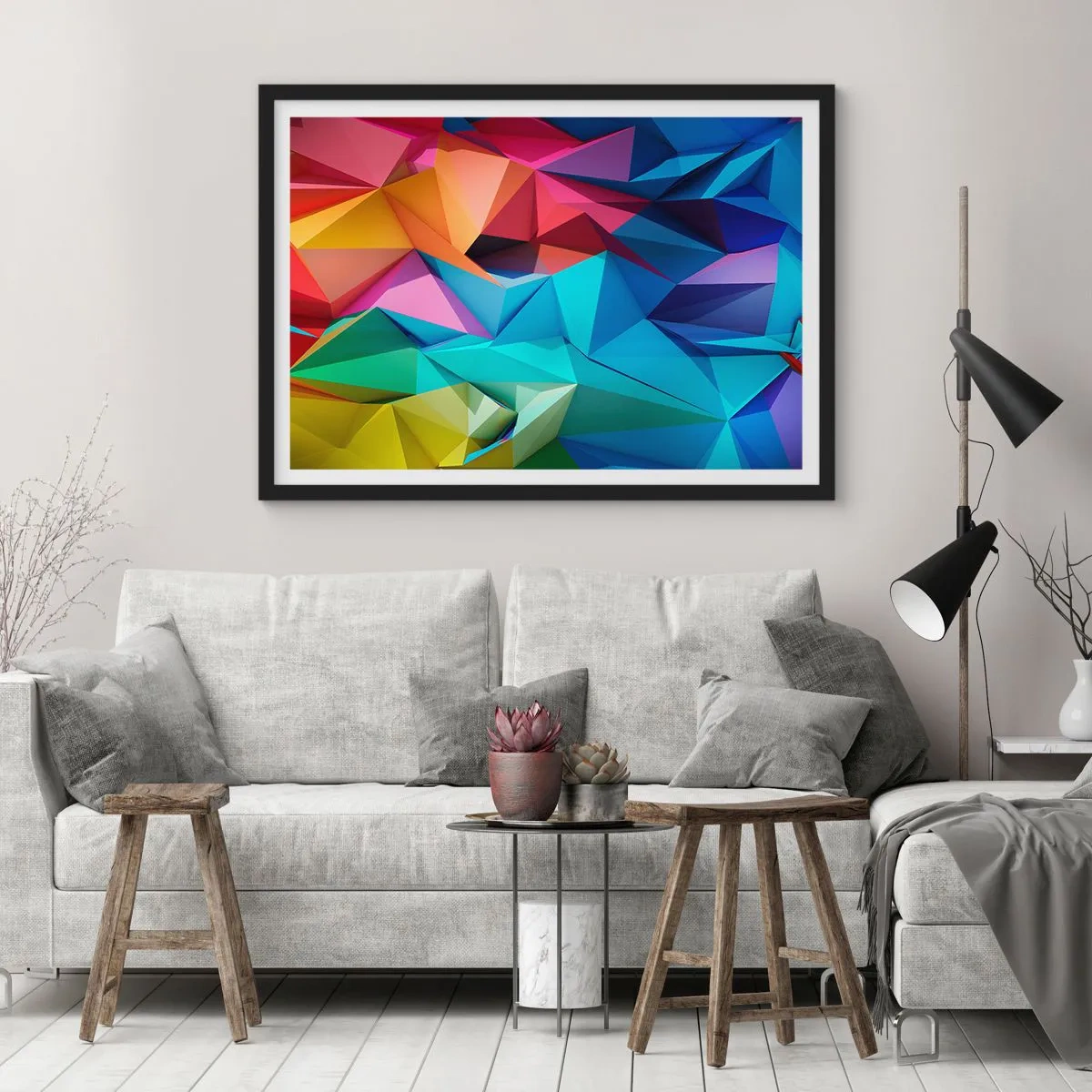 Affisch i svart ram - Regnbågsorigami - 91x61 cm