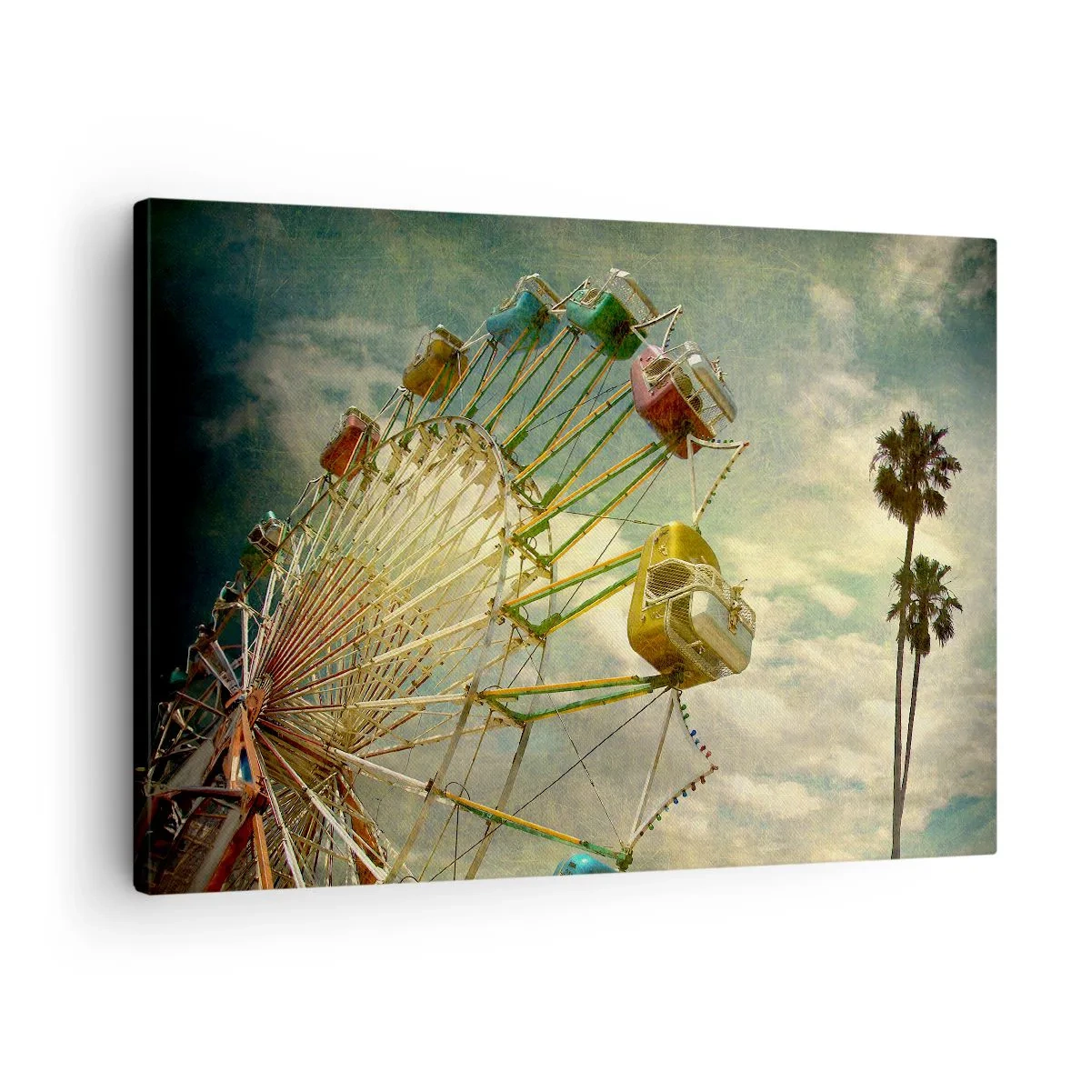 Canvastavla - Bild på duk - Retrofoto av ett pariserhjul med palmer mot himlen - 70x50cm - Kommer att bli, kommer att bli kul.... - Modern väggdekoration för vardagsrum och sovrum ARTTOR