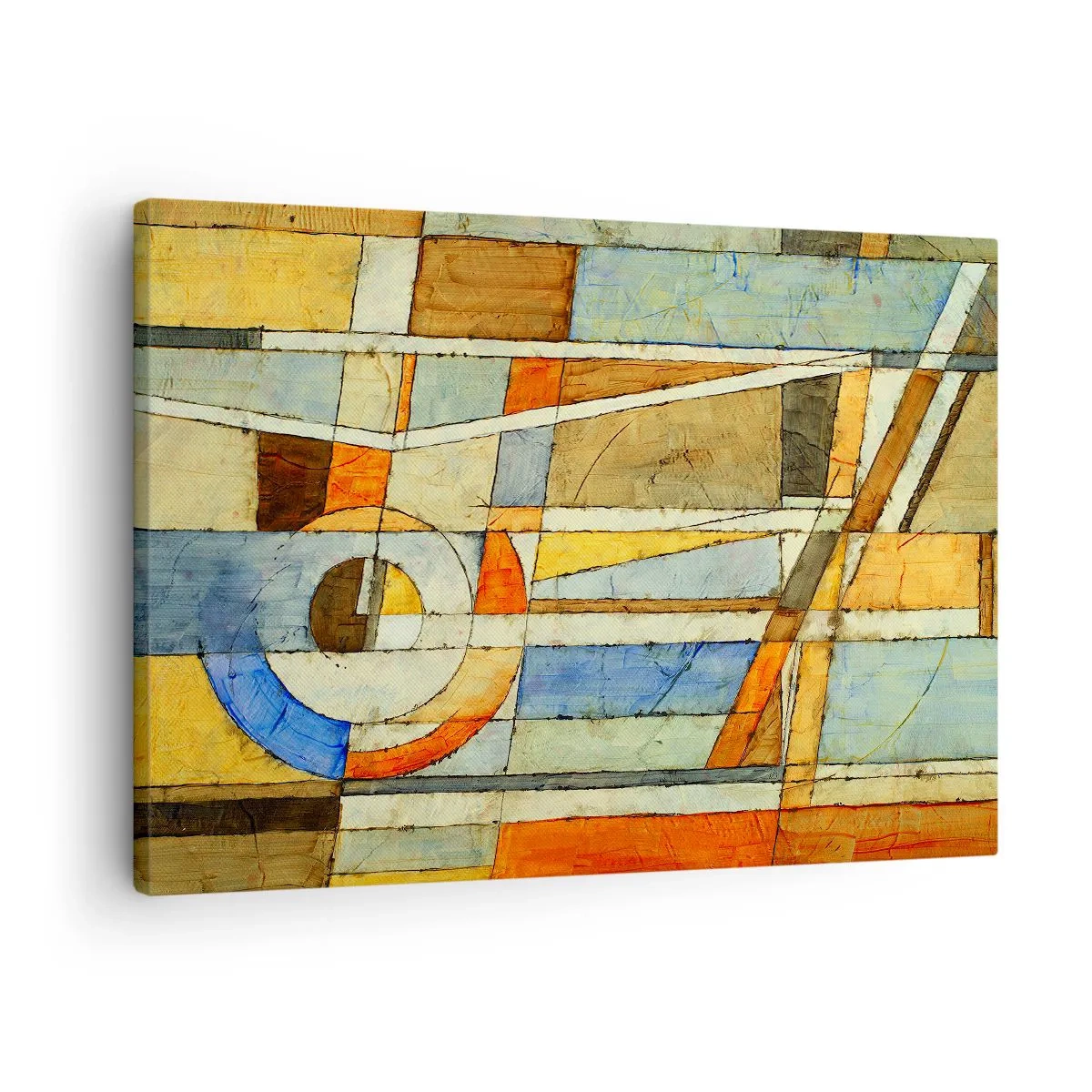 Canvastavla - Bild på duk - Geometrisk abstraktion i nyanser av beige, blått och orange - 70x50cm - Kubismen på bygget - Modern väggdekoration för vardagsrum och sovrum ARTTOR