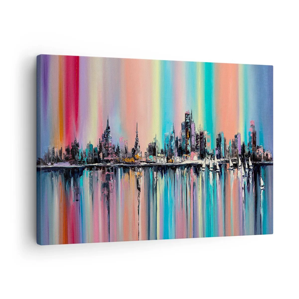 Canvastavla - Bild på duk - Färgglad stadsbild med reflektion på vattnet - 70x50cm - Nattens ljus - Modern väggdekoration för vardagsrum och sovrum ARTTOR