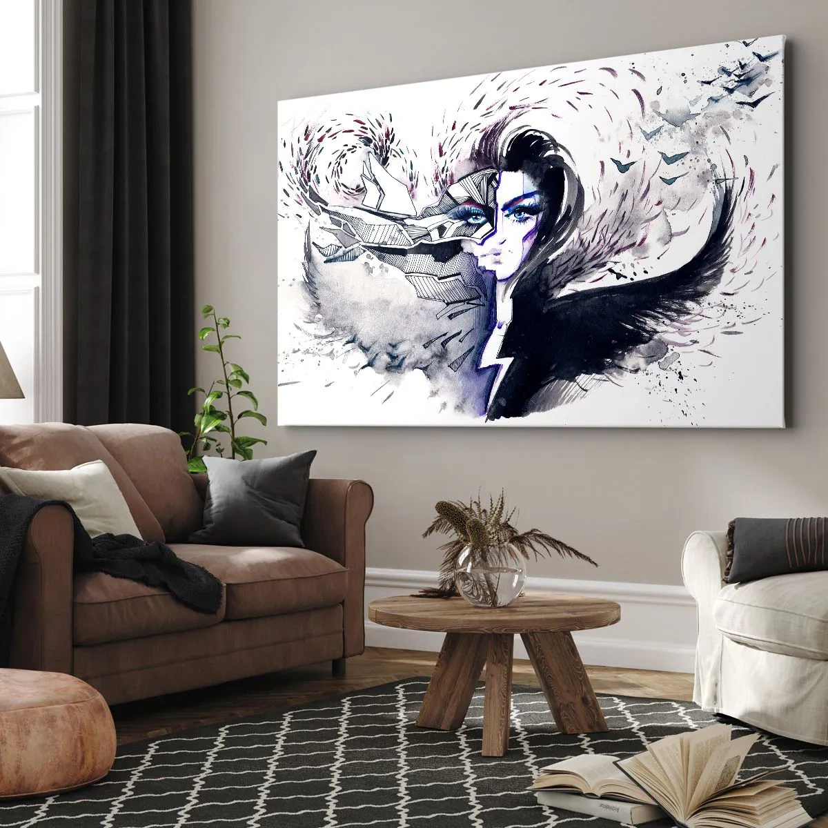 Canvastavla - Bild på duk - Abstrakt ansikte med kontrasterande element och vingmotiv - 70x50cm - Demonisk och vacker - Modern väggdekoration för vardagsrum och sovrum ARTTOR