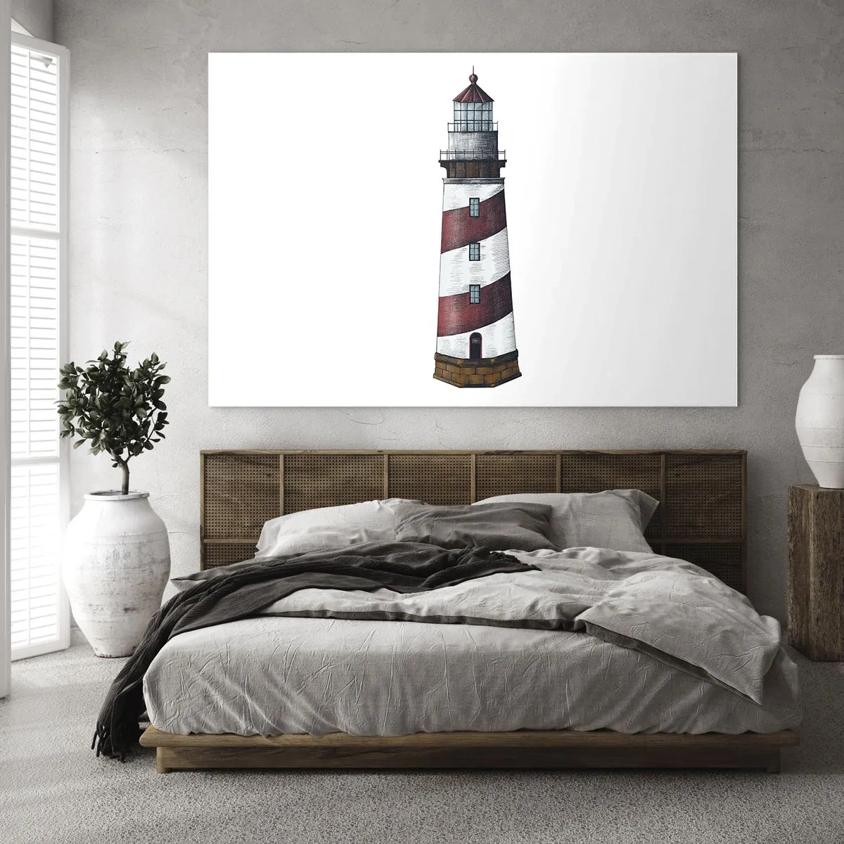 Glastavla - Bild på glas - Röd och vit fyr på en vit bakgrund - 70x50cm - Alltid på sin vakt - Modern väggdekoration för vardagsrum och sovrum ARTTOR