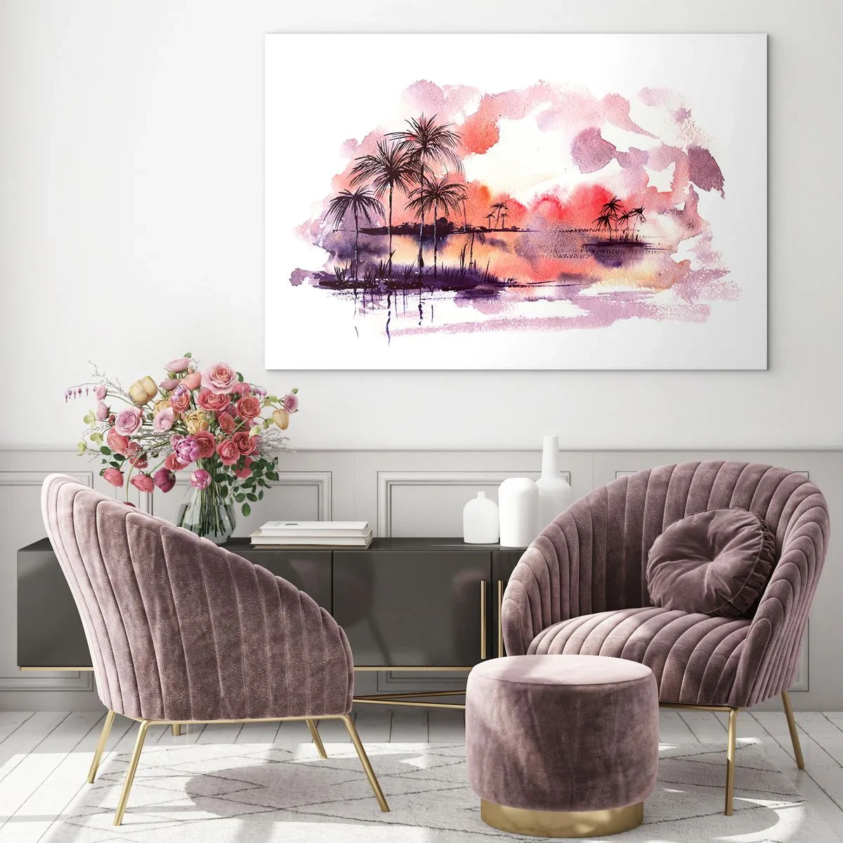 Glastavla - Bild på glas - Tropiskt landskap vid solnedgången i akvarell - 70x50cm - Tropikens ro i rött - Modern väggdekoration för vardagsrum och sovrum ARTTOR