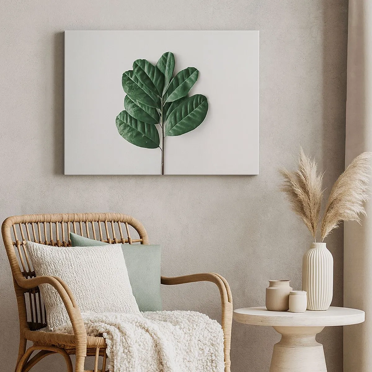 Canvastavla - Bild på duk - En kvist gröna blad på en ljus bakgrund - 70x50cm - Själva naturens bild - Modern väggdekoration för vardagsrum och sovrum ARTTOR