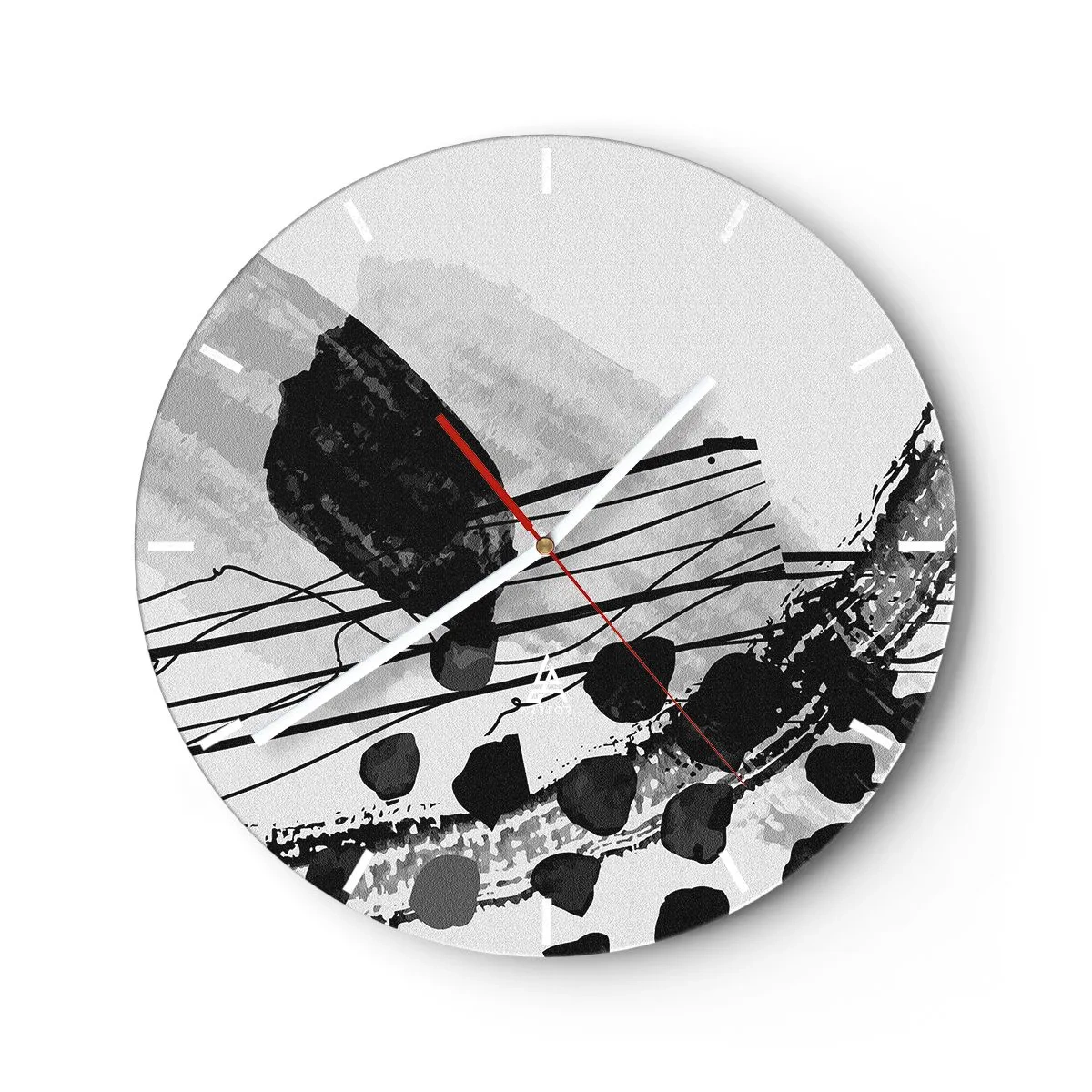 Väggklocka - Klocka på glas - Svartvita abstrakta former och linjer mot en ljus bakgrund - 30x30cm - Svartvit organisk abstraktion - Modern väggdekoration för vardagsrum, kök och sovrum ARTTOR