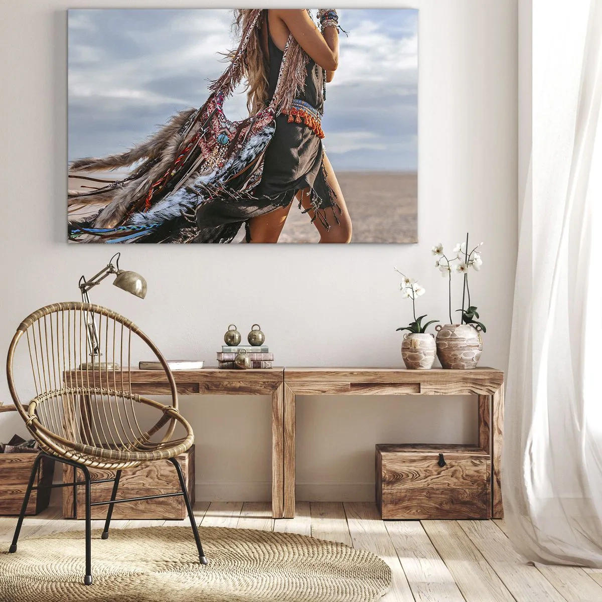 Canvastavla - Bild på duk - En kvinna i boho-stil med fjäder- och smyckesdetaljer - 70x50cm - Shamanens flicka - Modern väggdekoration för vardagsrum och sovrum ARTTOR