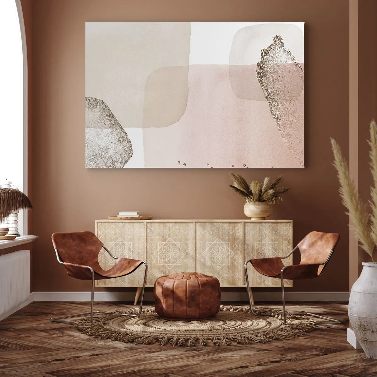 Canvastavla - Bild på duk - Pastellfärgade fläckar med gulddetaljer - 70x50cm - Titta genom färgen - Modern väggdekoration för vardagsrum och sovrum ARTTOR