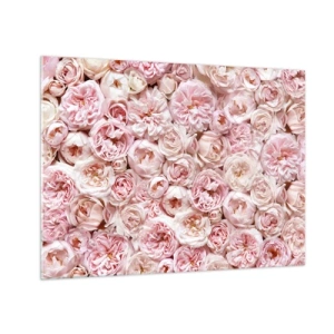 Glastavla - Bild på glas - Pastellrosor i ett tätt blomsterarrangemang - 70x50cm - Strödd med rosor - Modern väggdekoration för vardagsrum och sovrum ARTTOR