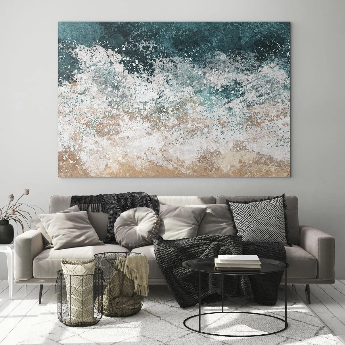 Glastavla - Bild på glas - Abstrakt havsvåg i nyanser av turkos, vitt och sandbeige - 70x50cm - Berättelser från havet - Modern väggdekoration för vardagsrum och sovrum ARTTOR