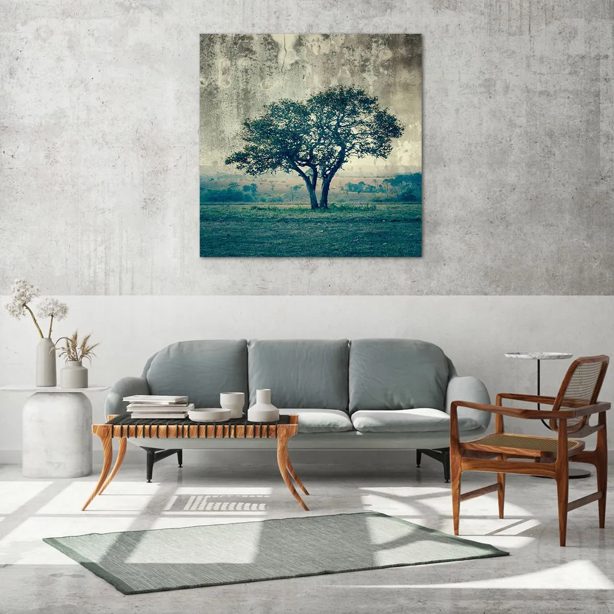 Glastavla - Bild på glas - Äppelträd på blå betesmark? - 70x70 cm