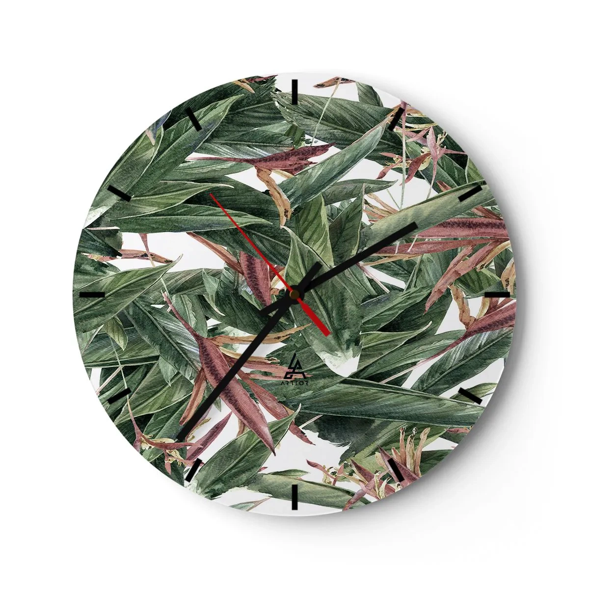 Väggklocka - Klocka på glas - Gröna blad med lila accenter på vit bakgrund - 30x30cm - Smaragd-lila växter - Modern väggdekoration för vardagsrum, kök och sovrum ARTTOR