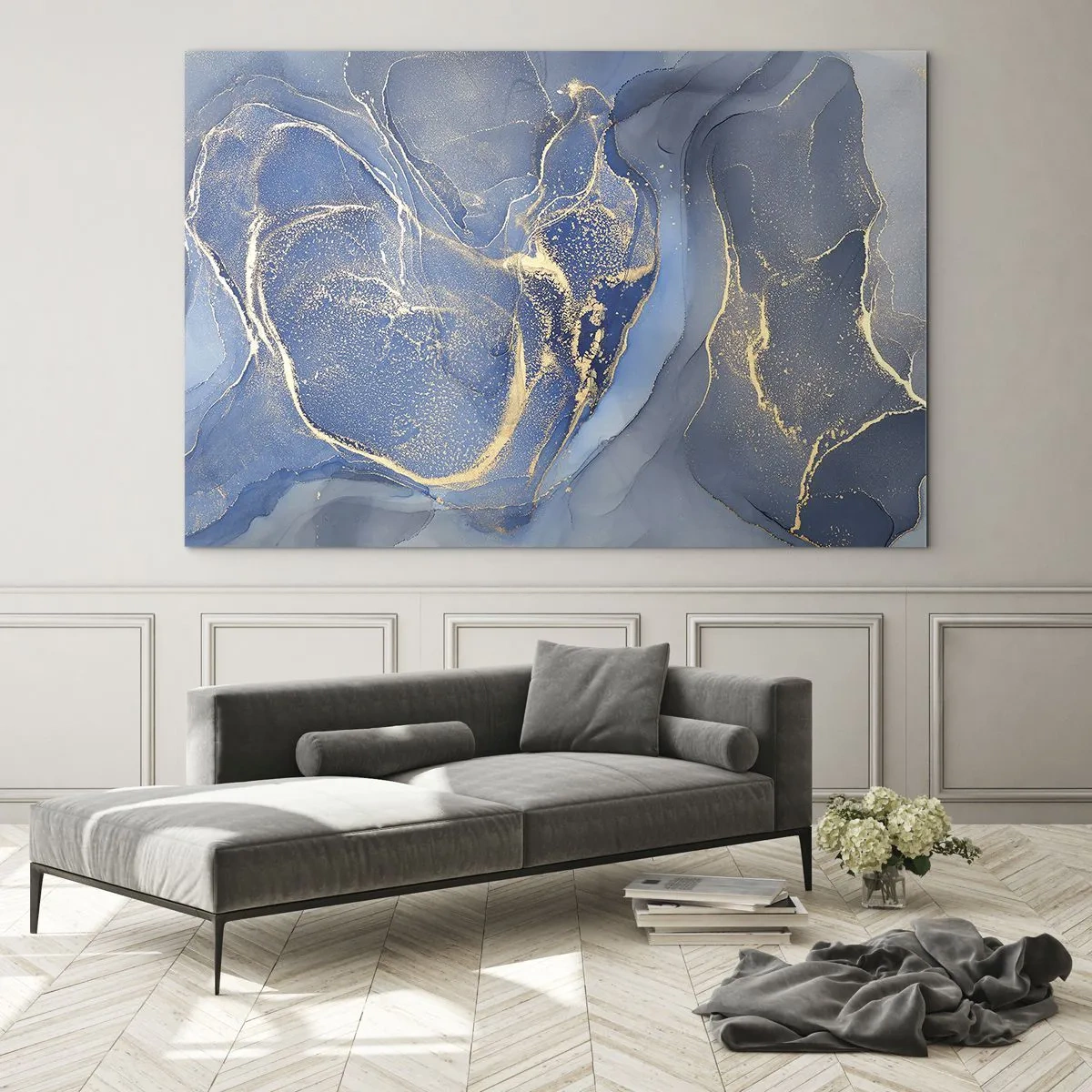 Glastavla - Bild på glas - En abstrakt komposition i nyanser av marinblått och guld - 70x50cm - Gulddamm - Modern väggdekoration för vardagsrum och sovrum ARTTOR