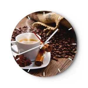 Väggklocka - Klocka på glas - En kopp kaffe med kryddor och kaffebönor - 30x30cm - Rotsmak och -arom - Modern väggdekoration för vardagsrum, kök och sovrum ARTTOR
