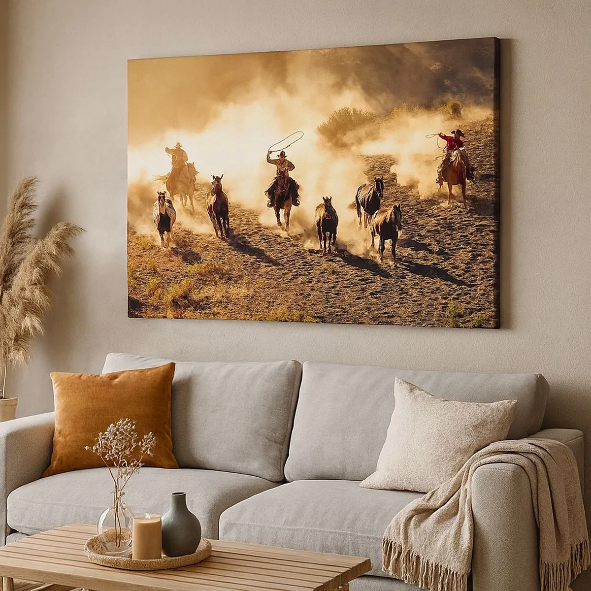 Canvastavla - Bild på duk - Cowboys till häst i aktion i ökenterrängen - 70x50cm - Verkligen vilda västern - Modern väggdekoration för vardagsrum och sovrum ARTTOR