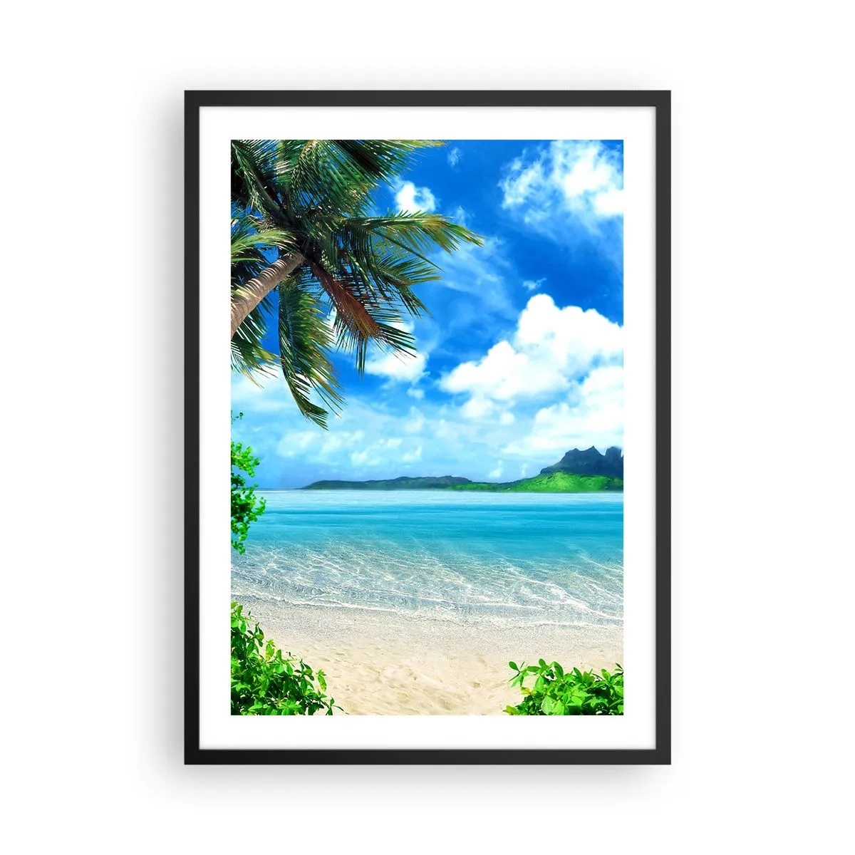 Affisch i svart ram - Tropisk strand med palmer och azurblått hav - 50x70cm - Tropikens azur - Modern väggdekoration för vardagsrum och sovrum ARTTOR