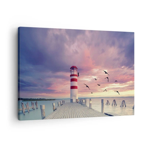 Canvastavla - Bild på duk - En fyr på piren omgiven av en pittoresk solnedgång - 70x50cm - Dags att bege sig till hamnen - Modern väggdekoration för vardagsrum och sovrum ARTTOR