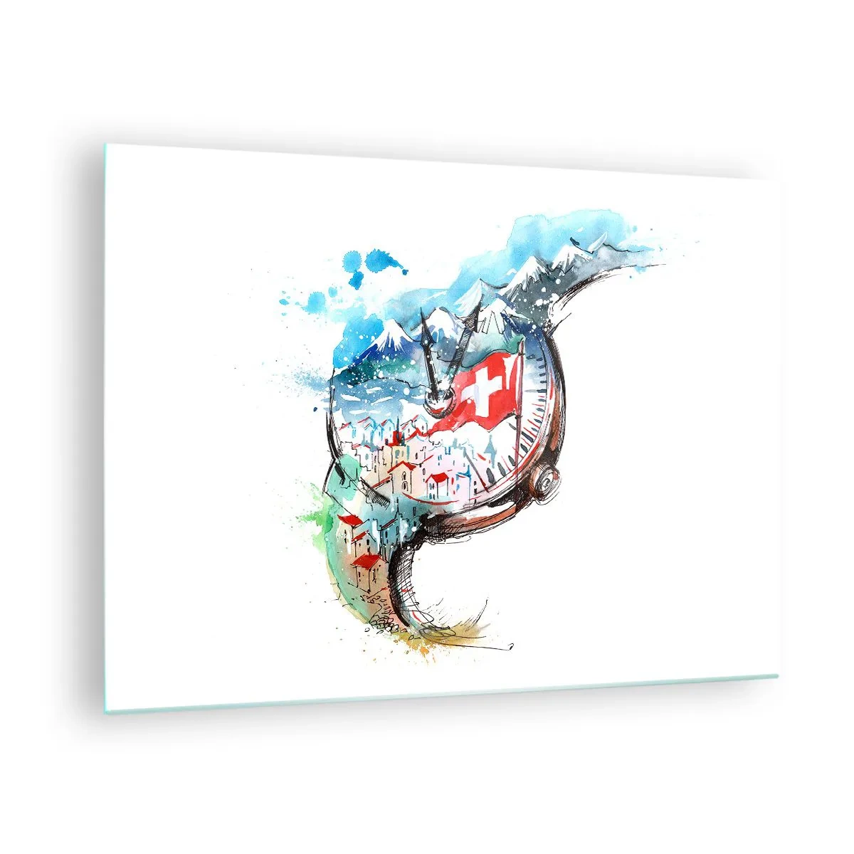 Glastavla - Bild på glas - Akvarellmålning av ett schweiziskt landskap med en flagga och en klocka - 70x50cm - Schweiz anda - Modern väggdekoration för vardagsrum och sovrum ARTTOR