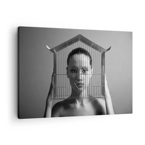Canvastavla - Bild på duk - Kvinna bakom en bur i surrealistisk stil - 70x50cm - Något surrealistisk porträtt - Modern väggdekoration för vardagsrum och sovrum ARTTOR