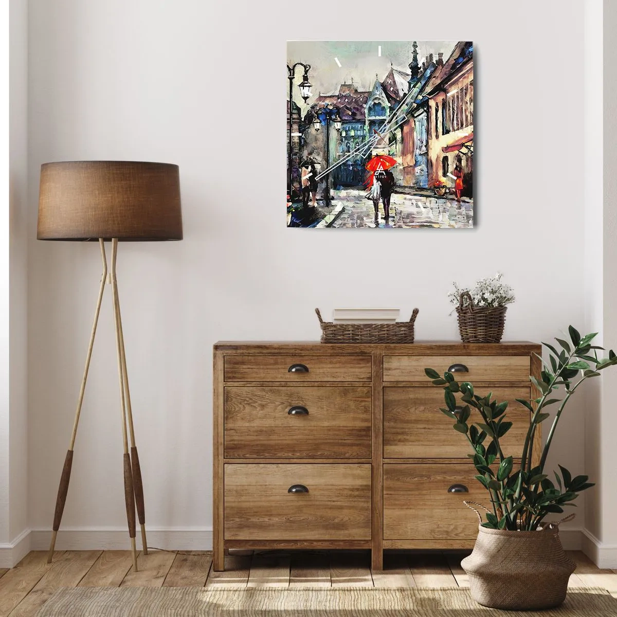 Väggklocka - Klocka på glas - Regn för två - 40x40 cm