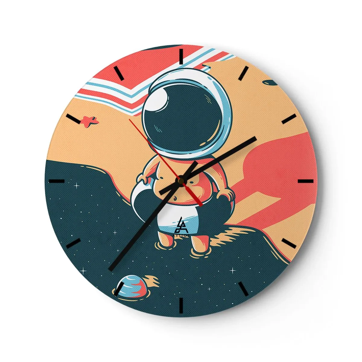 Väggklocka - Klocka på glas - Astronaut mot en rymdbakgrund i retrostil - 30x30cm - Ur ett annat perspektiv - Modern väggdekoration för vardagsrum, kök och sovrum ARTTOR