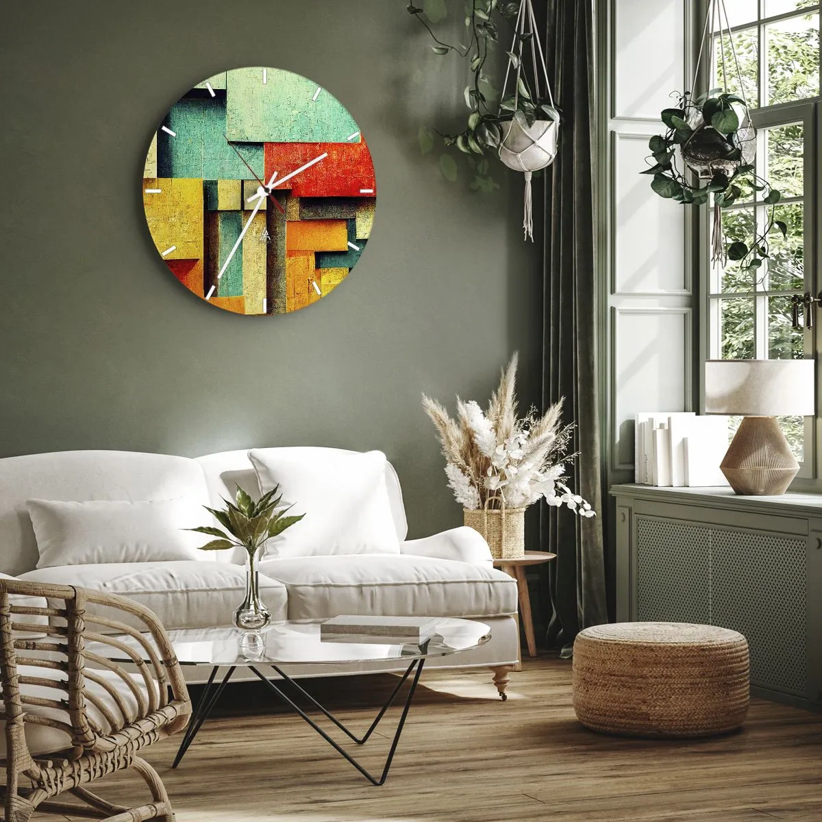 Väggklocka - Klocka på glas - Färgglada geometriska block i abstrakt stil - 30x30cm - Festival av räta vinklar - Modern väggdekoration för vardagsrum, kök och sovrum ARTTOR
