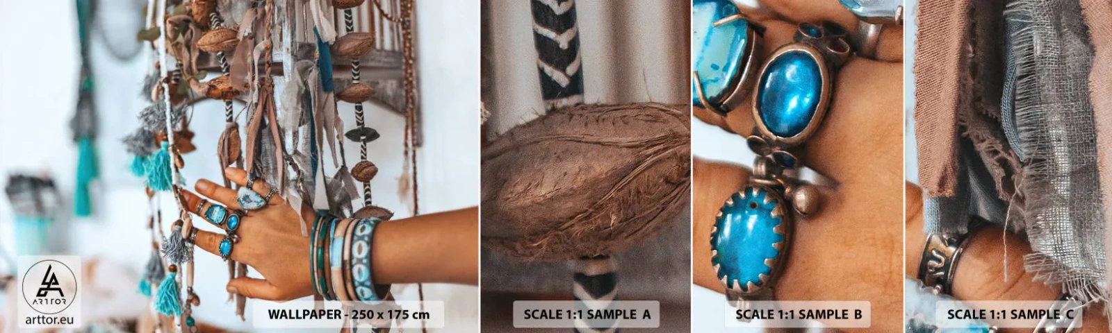 Provbit av självhäftande fototapet Deluxe Sticker - Lokala skatter - Kvinnans hand, Smycken, Boho - 100x30 cm