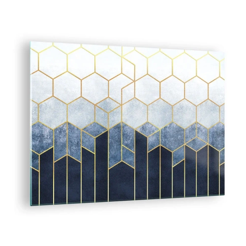 Glastavla - Bild på glas - Geometriskt mönster i guld och marinblå färger - 70x50cm - Komposition i synkoprytm - Modern väggdekoration för vardagsrum och sovrum ARTTOR