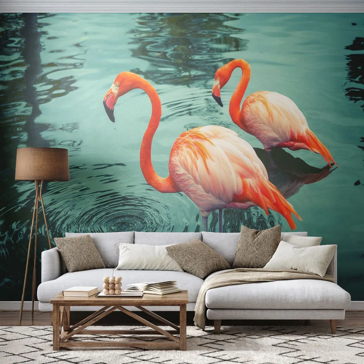 Fototapet Premium Sand - Nu är vi på modet - Flamingos, Fåglar, Natur - 100x70 cm