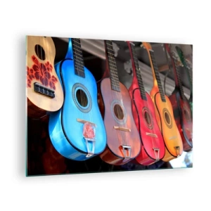Glastavla - Bild på glas - Färgglada gitarrer som hänger i rad på display - 70x50cm - Latino klimat - Modern väggdekoration för vardagsrum och sovrum ARTTOR