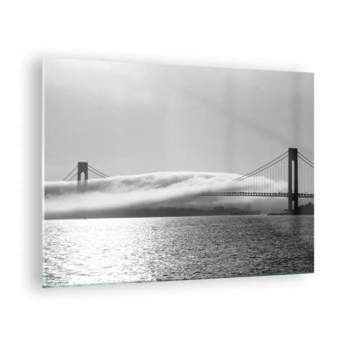 Glastavla - Bild på glas - En bro i svartvitt med dimma över vattnet - 70x50cm - Passera Golden Gate - Modern väggdekoration för vardagsrum och sovrum ARTTOR