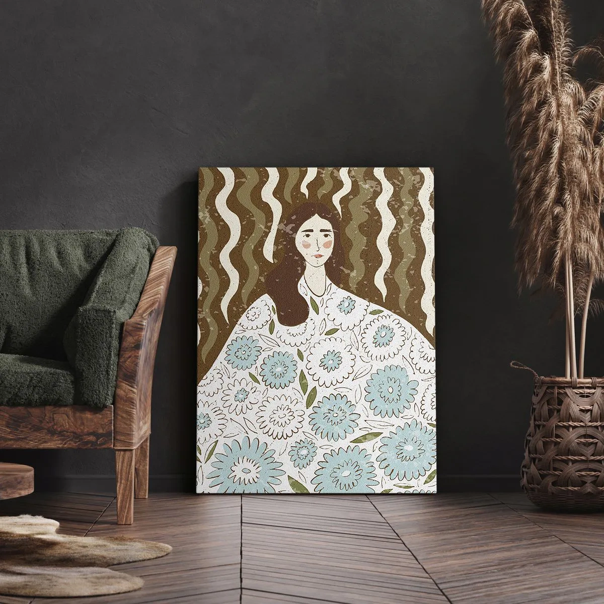 Canvastavla - Bild på duk - Porträtt i blommig mantel - 70x100 cm