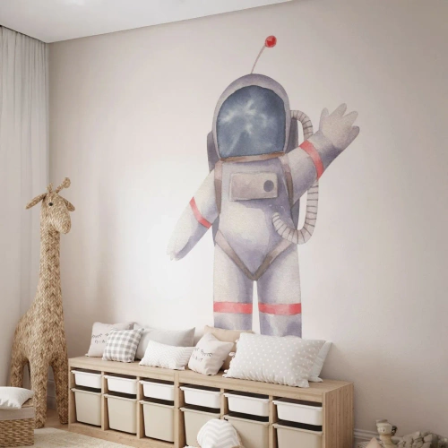 Fototapet Standard Eco - Glad astronaut viftar med handen på en vit bakgrund - 100x70cm - Det var allt för nu! - Modern väggdekoration för vardagsrum och sovrum ARTTOR