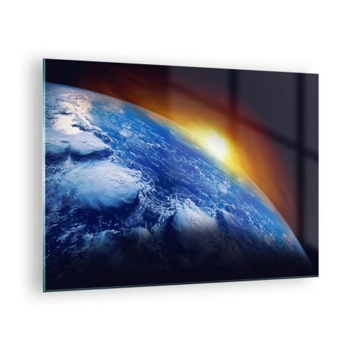Glastavla - Bild på glas - Jorden i rymden upplyst av solens strålar - 70x50cm - Soluppgång över den blåa planeten - Modern väggdekoration för vardagsrum och sovrum ARTTOR