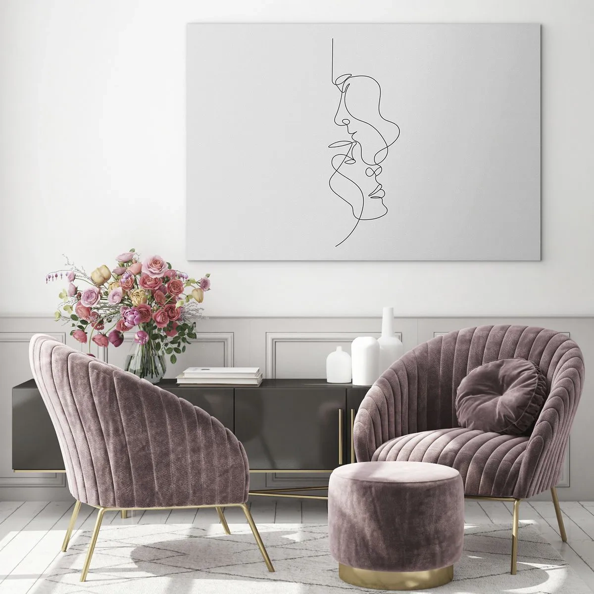 Glastavla - Bild på glas - En delikat teckning av två ansikten i en kontur - 70x50cm - Sentimentala lustens glöd - Modern väggdekoration för vardagsrum och sovrum ARTTOR