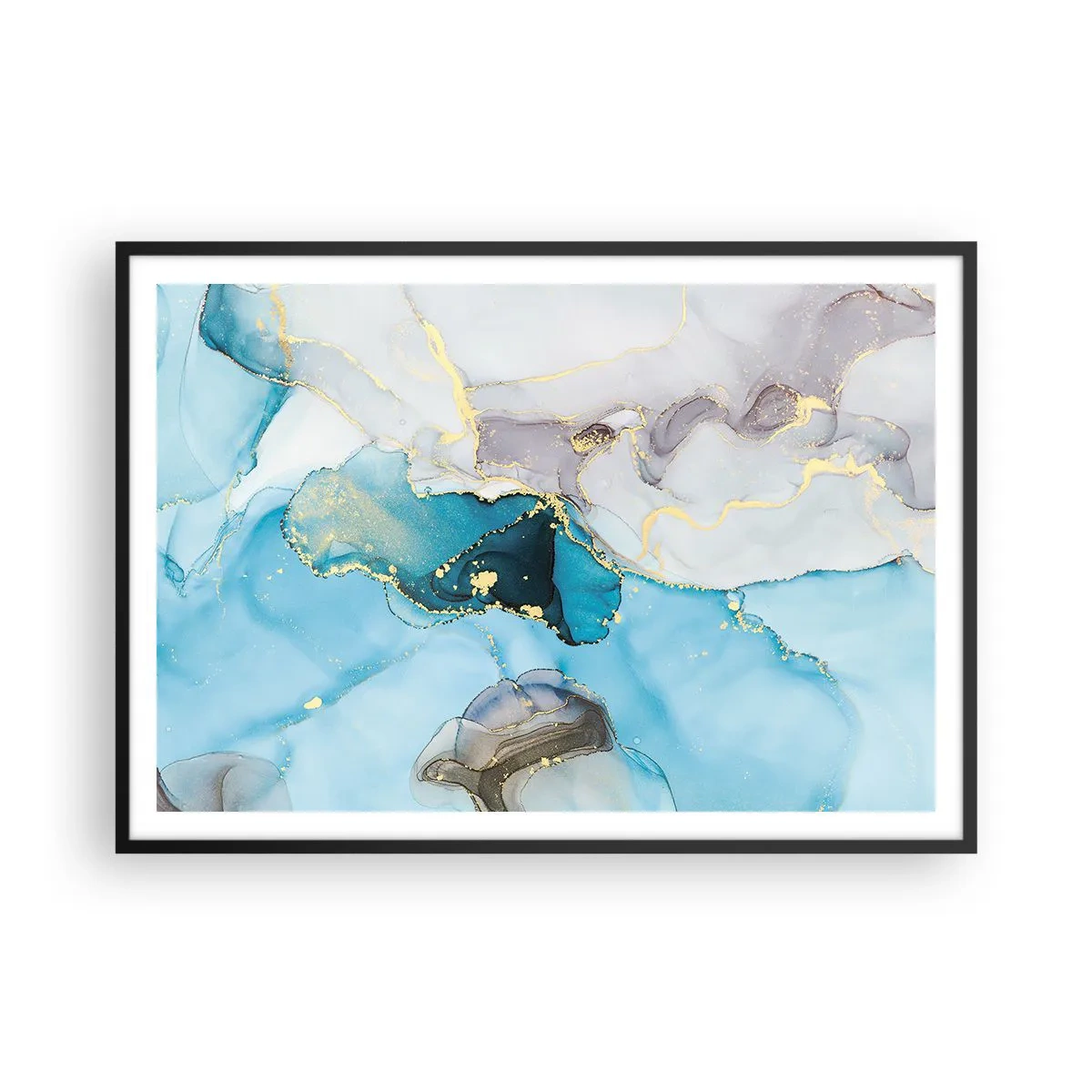 Affisch i svart ram - Studie över mötet mellan grå och turkos - 100x70 cm