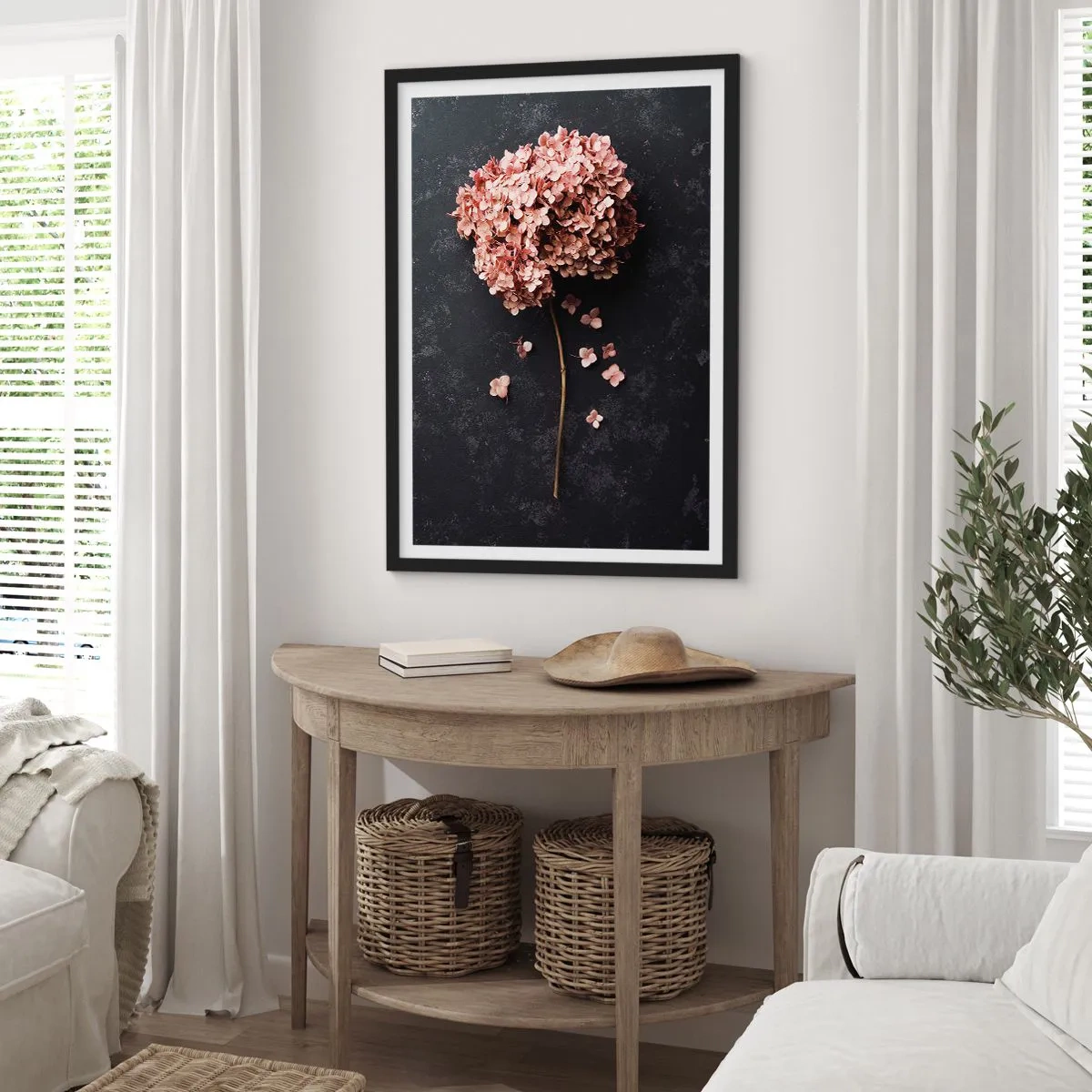 Affisch i svart ram - Torkad hortensia på svart bakgrund - 50x70cm - Ett verkligt romantiskt tecken - Modern väggdekoration för vardagsrum och sovrum ARTTOR